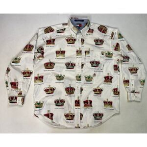 Tommy Hilfiger White Button-Down Shirt with Red and Green Crown Print
